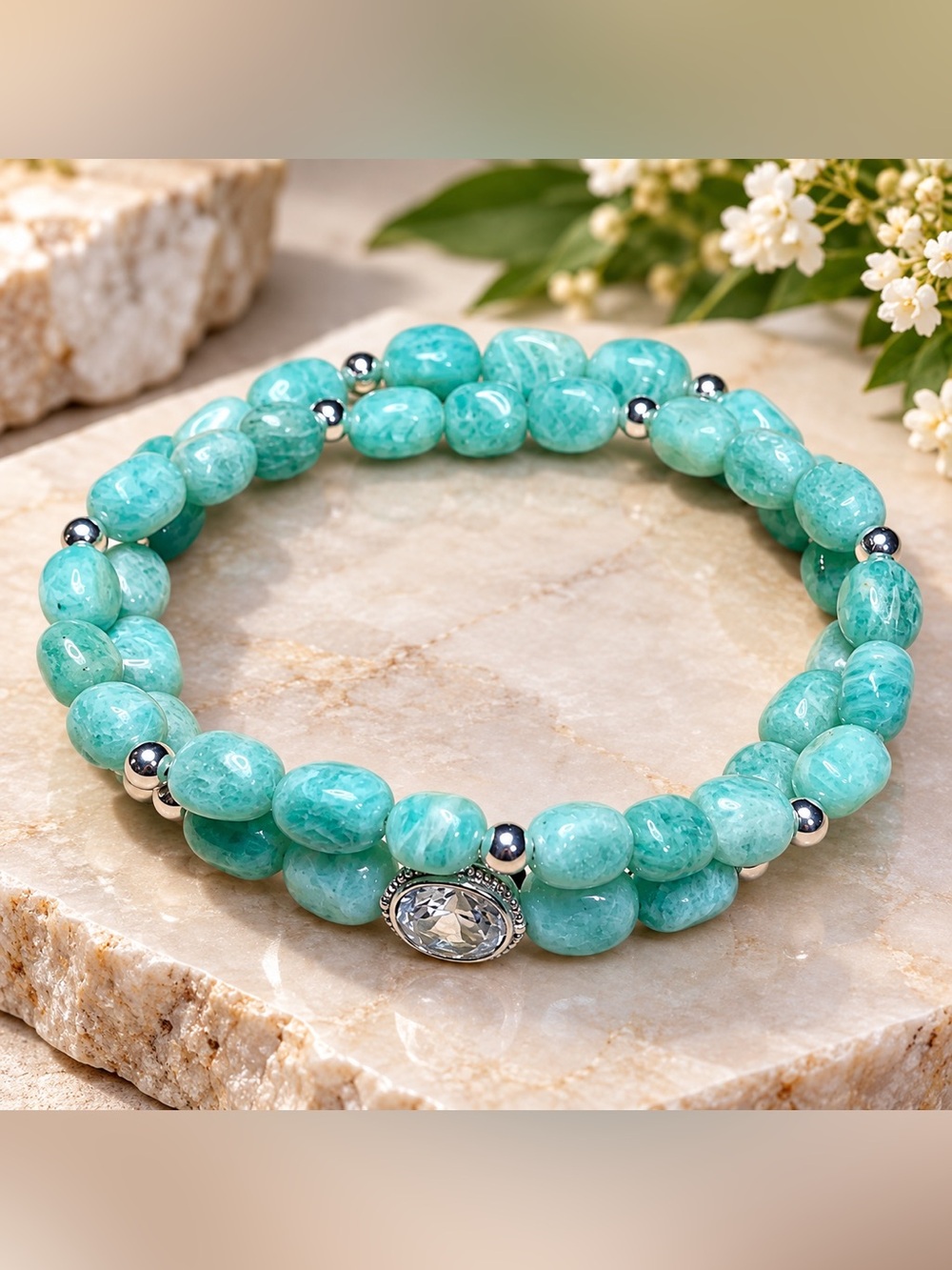 💎 Natural Amazonite 2-Piece Bracelet Stack | Sterling Silver & Clear Quartz
